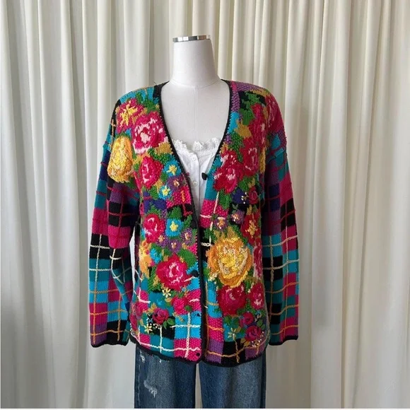 VTG 80s/90s Casual Corner Grandma Core Floral Embroidered Cardigan Knit Sweater. - Picture 2 of 8
